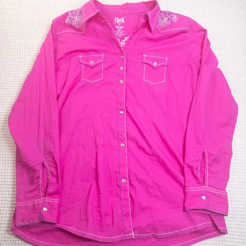 Rock 47 by Wrangler Womens XXL Hot Pink Embroidered Western Snap Shirt LJ2641K